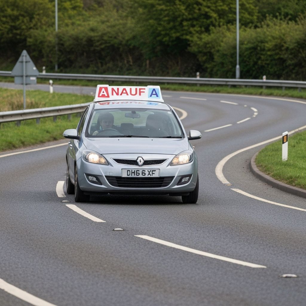 UK learner driver on the road preparing for driving test